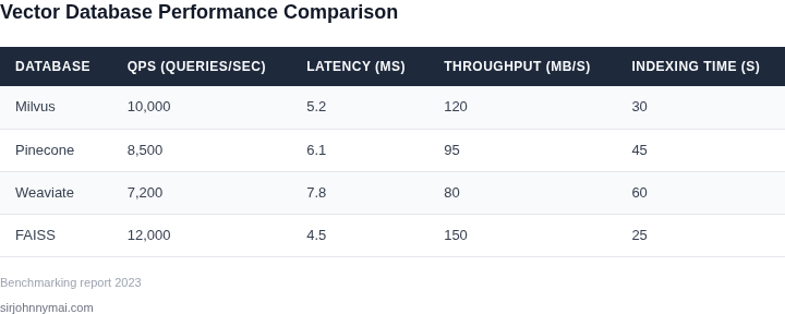 Comparison of vector database performance metrics across different systems