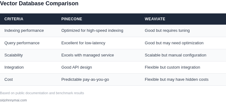 Comparison table showing Pinecone vs Weaviate across 5 key dimensions