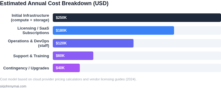 Bar‑chart style cost breakdown showing estimated annual expenditures for building and operating a scalable data lineage platform.