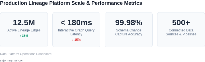 Key performance indicators showcasing the scale, query latency, and capture accuracy of the data lineage platform in production.