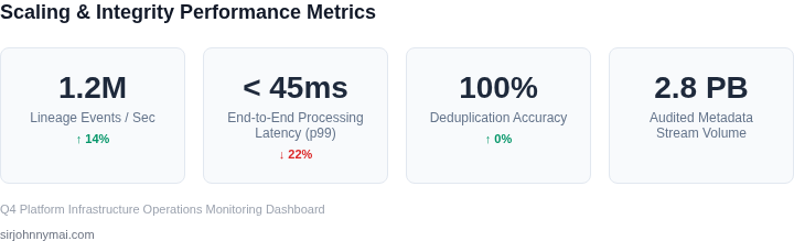 Production metrics dashboard demonstrating the scalability, latency improvements, and data integrity of the exactly-once lineage platform.