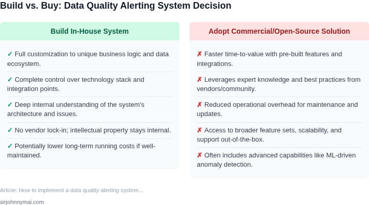 A two-column table comparing the advantages and disadvantages of building a data quality alerting system in-house versus adopting commercial or open-source solutions.