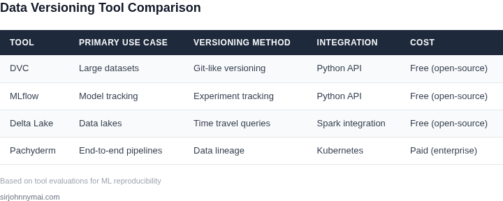 Comparison table of different data versioning tools and their key features