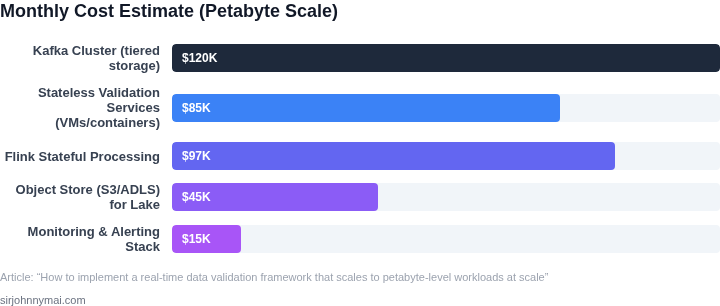 Estimated monthly cost breakdown for components of the validation framework at petabyte scale.