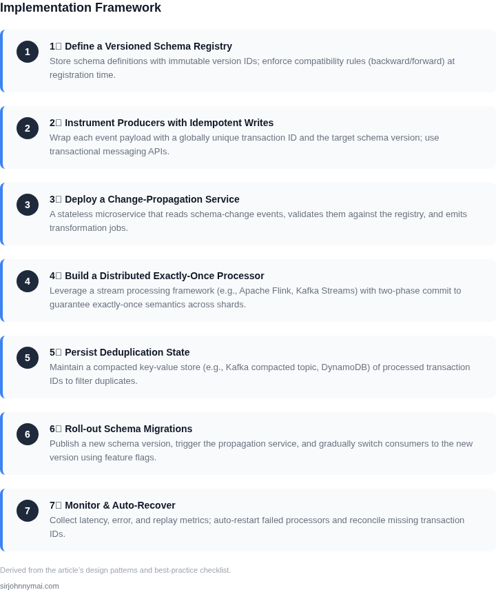 Step‑by‑step framework for building an exactly‑once schema‑change propagation pipeline that scales.