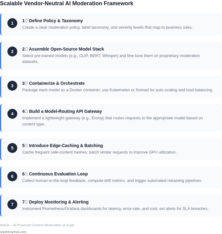 Step-by-step framework for building a vendor‑agnostic AI moderation pipeline