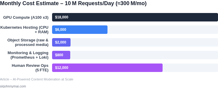 Estimated monthly cost breakdown for a self‑hosted AI moderation system handling 10 M requests per day