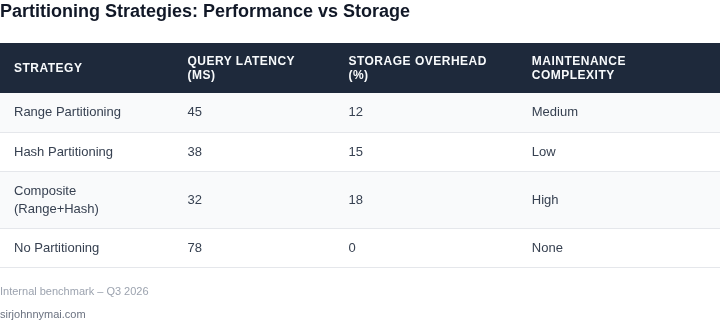 Table comparing query latency, storage overhead, and maintenance complexity across different partitioning strategies.