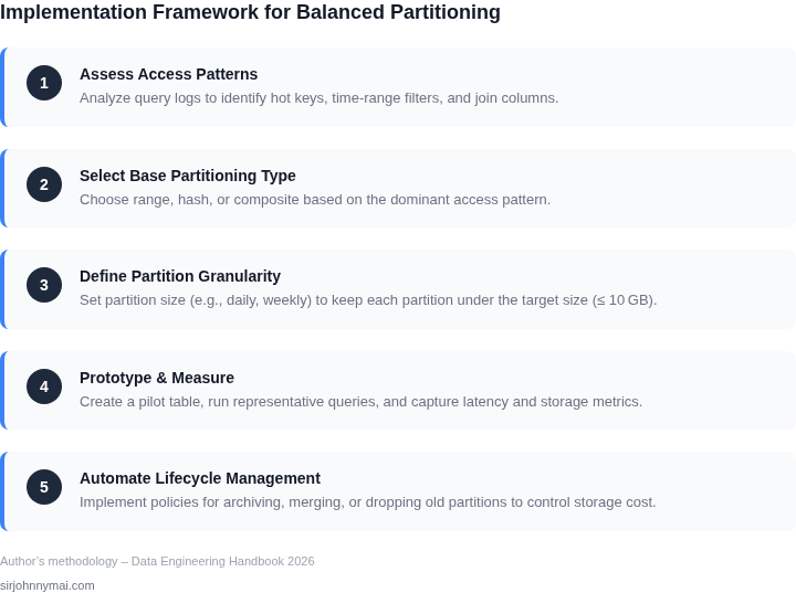 Numbered step-by-step framework for implementing data partitioning that balances query performance and storage costs.