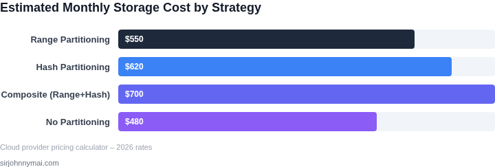 Bar chart showing estimated monthly storage cost for each partitioning strategy based on a 5 TB dataset.
