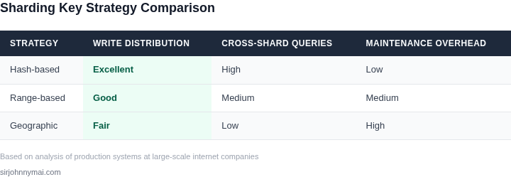 Comparison of sharding key strategies across three dimensions