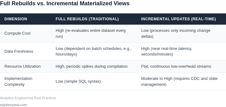 A comparison table contrasting traditional Full Rebuilds with Incremental Updates across compute cost, data freshness, resource overhead, and setup complexity.
