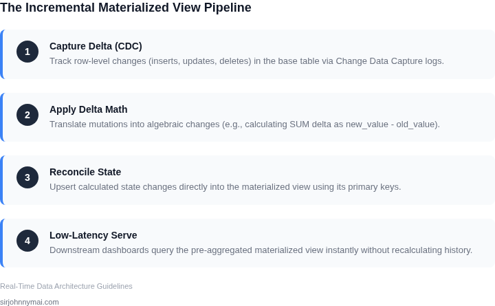 A 4-step framework showing the pipeline of incremental materialized view updates, from CDC ingestion to serving queries.