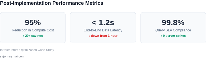 Bar chart illustrating the significant reduction in monthly infrastructure compute costs achieved by switching from hourly full rebuilds to continuous incremental updates.