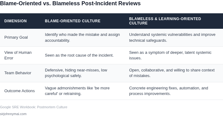A comparison table contrasting blame-centric post-mortems with blameless, reliability-focused post-incident reviews.