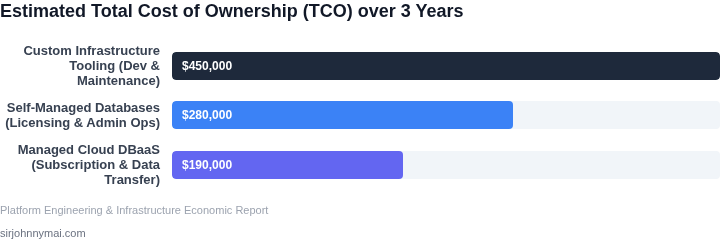 A bar chart comparing the three-year Total Cost of Ownership (TCO) between Custom Infrastructure Tooling, Self-Managed Databases, and Managed Cloud DBaaS, showing custom tooling as the most expensive option due to engineering hours.