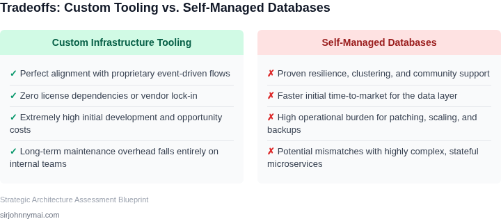 A two-column comparison highlighting the tradeoffs between building custom infrastructure tooling and deploying self-managed databases.