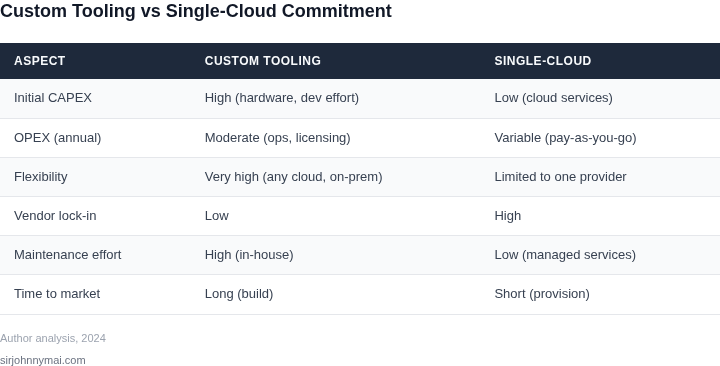 Side-by-side comparison of custom infrastructure tooling vs single‑cloud commitment for batch analytics pipelines, covering CAPEX, OPEX, flexibility, vendor lock‑in, and maintenance effort.