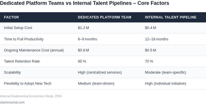 Side‑by‑side comparison of key factors for dedicated platform teams versus internal talent pipelines.