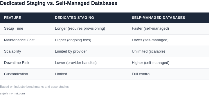 Side-by-side comparison of dedicated staging environments versus self-managed databases for real-time streaming applications
