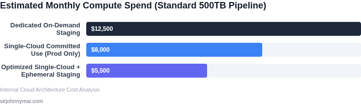 A bar chart comparing the monthly spend of maintaining dedicated staging environments versus optimized single-cloud committed use configurations for batch pipelines.