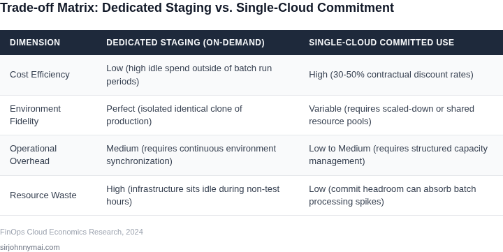 A comparison matrix evaluating the trade-offs between dedicated on-demand staging environments and single-cloud commitment strategies across key operational dimensions.
