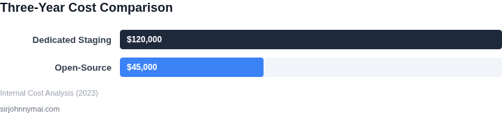 Bar chart showing annual total cost of dedicated staging environments versus open‑source platforms for real‑time streaming
