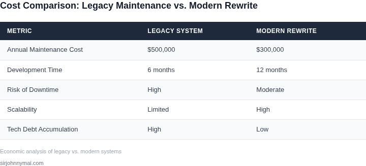 Side-by-side comparison of legacy system maintenance costs versus modern stack rewrites