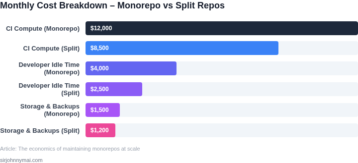 Bar chart showing monthly cost components for a large monorepo compared with a split‑repo configuration.