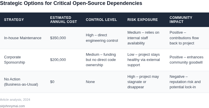 Side‑by‑side comparison of three approaches to sustaining critical open‑source projects: in‑house maintenance, corporate sponsorship, and doing nothing.