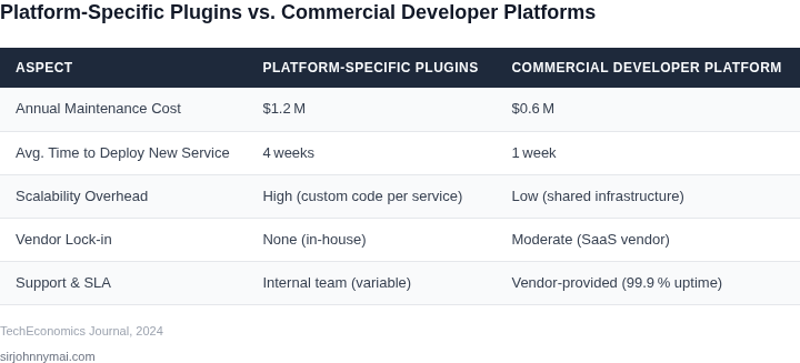 Side‑by‑side table comparing platform‑specific plugins with commercial developer platforms across key economic and operational dimensions for an organization running over 50 microservices.