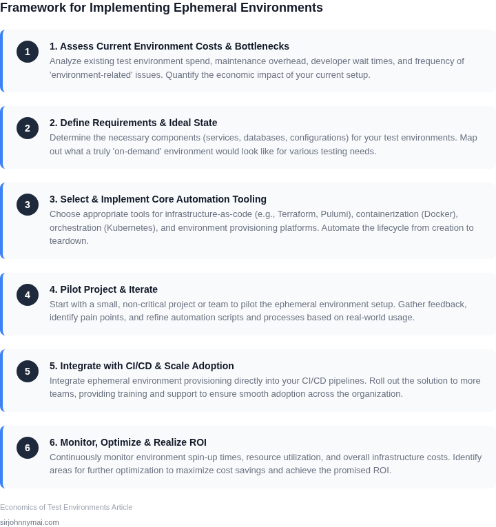 A step-by-step framework detailing the process of transitioning to and optimizing ephemeral test environments to realize their economic benefits and improve development efficiency.