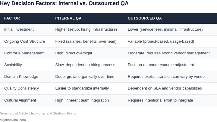 A side-by-side table comparing internal and outsourced QA across critical decision-making criteria such as cost, control, scalability, and quality.