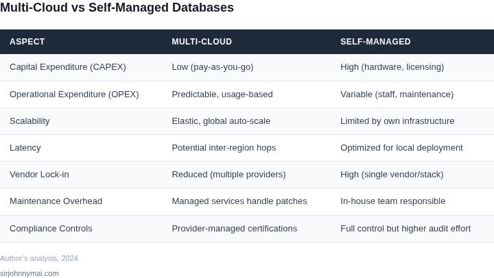 Side‑by‑side comparison of multi‑cloud versus self‑managed databases for event‑driven microservices