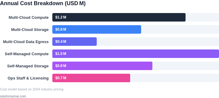Bar chart showing annual cost components for multi‑cloud and self‑managed database deployments
