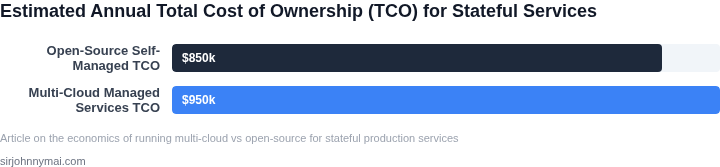 A bar chart comparing the estimated annual total cost of ownership (TCO) for running stateful production services using open-source self-managed platforms versus multi-cloud managed services, illustrating different cost profiles.