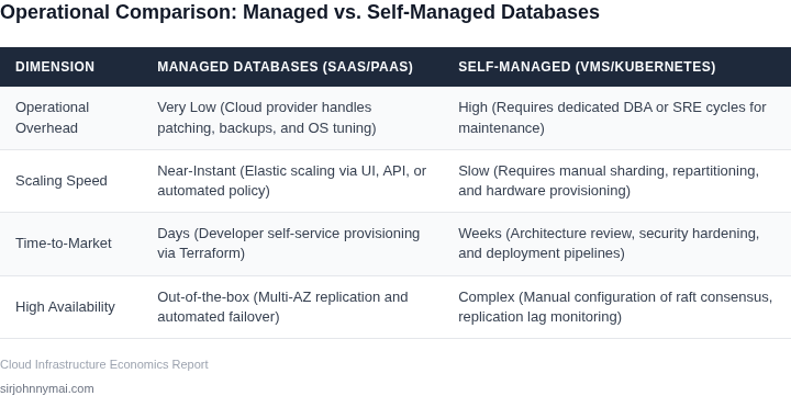 Side-by-side comparison of Managed vs. Self-Managed Databases across operational dimensions like scaling, maintenance, and setup speed.
