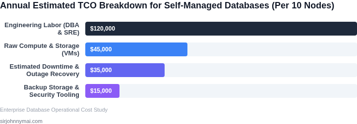 Bar chart breaking down the Total Cost of Ownership (TCO) for running a self-managed database environment, emphasizing hidden labor costs.