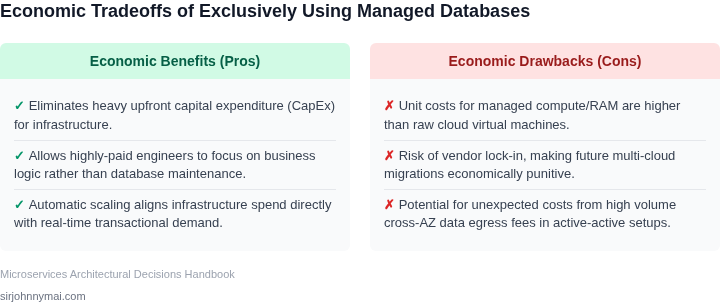 Tradeoffs of committing fully to managed databases in an event-driven microservices architecture.
