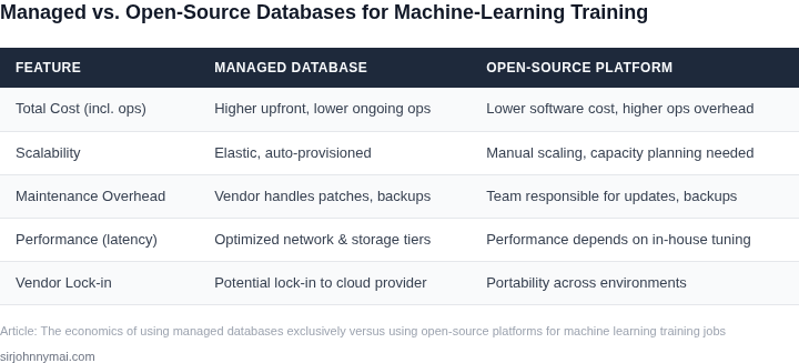 Side‑by‑side comparison of managed versus open‑source databases for ML training jobs
