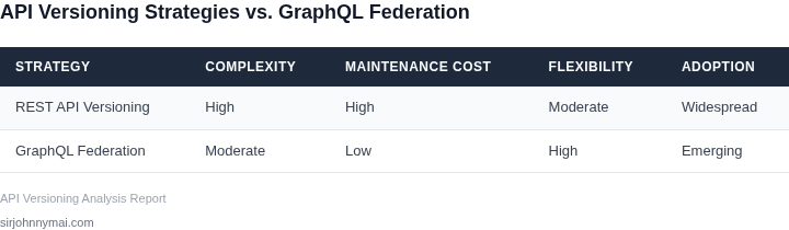 Comparison table of API versioning strategies and GraphQL federation