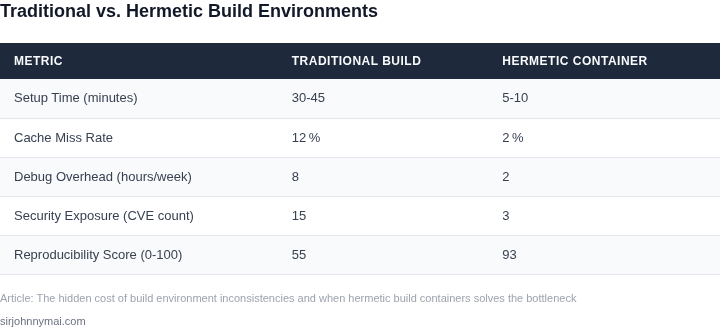 Side‑by‑side comparison of traditional build environments versus hermetic build containers across key metrics.