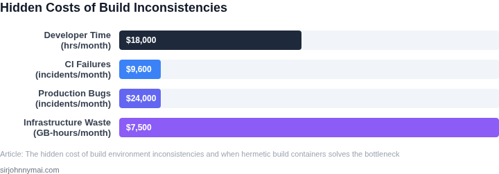 Bar chart showing estimated hidden costs caused by inconsistent build environments and the savings after adopting hermetic containers.