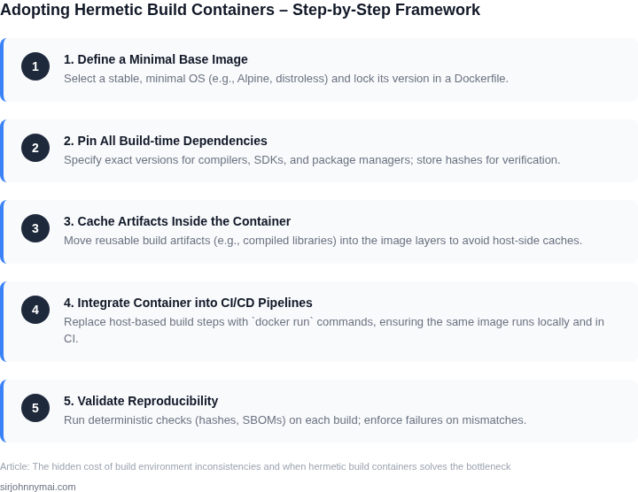Numbered framework outlining the steps to transition to hermetic build containers.