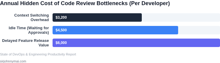 Bar chart illustrating the breakdown of hidden annual costs of manual code review bottlenecks per developer, highlighting costs from context switching, idle time, and delayed releases.