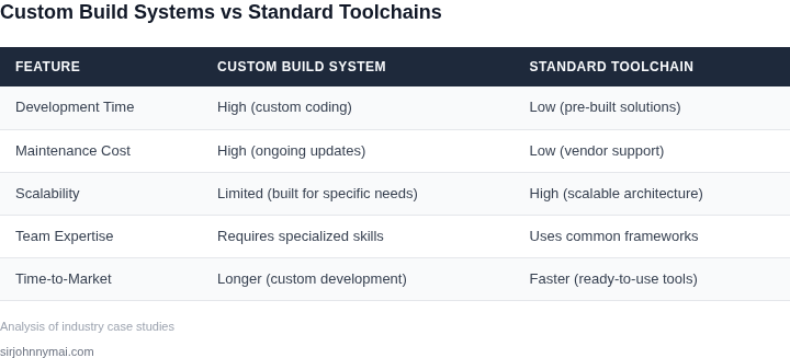 Side-by-side comparison of custom build systems vs standard toolchains