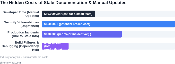 Bar chart illustrating the various hidden costs associated with manual dependency management and outdated documentation, including developer time, security risks, and production incidents.
