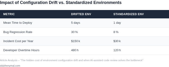 Side‑by‑side table comparing key performance indicators for environments with configuration drift versus fully standardized environments.