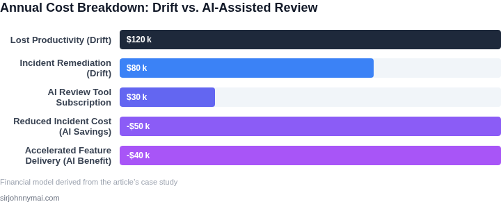 Vertical bar chart showing annual cost items for configuration drift compared with the expense and savings introduced by AI‑assisted code review.