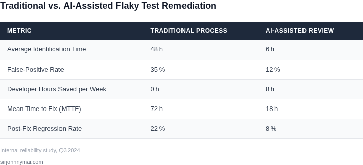 Side‑by‑side comparison of traditional flaky‑test remediation versus AI‑assisted code review across key efficiency metrics.